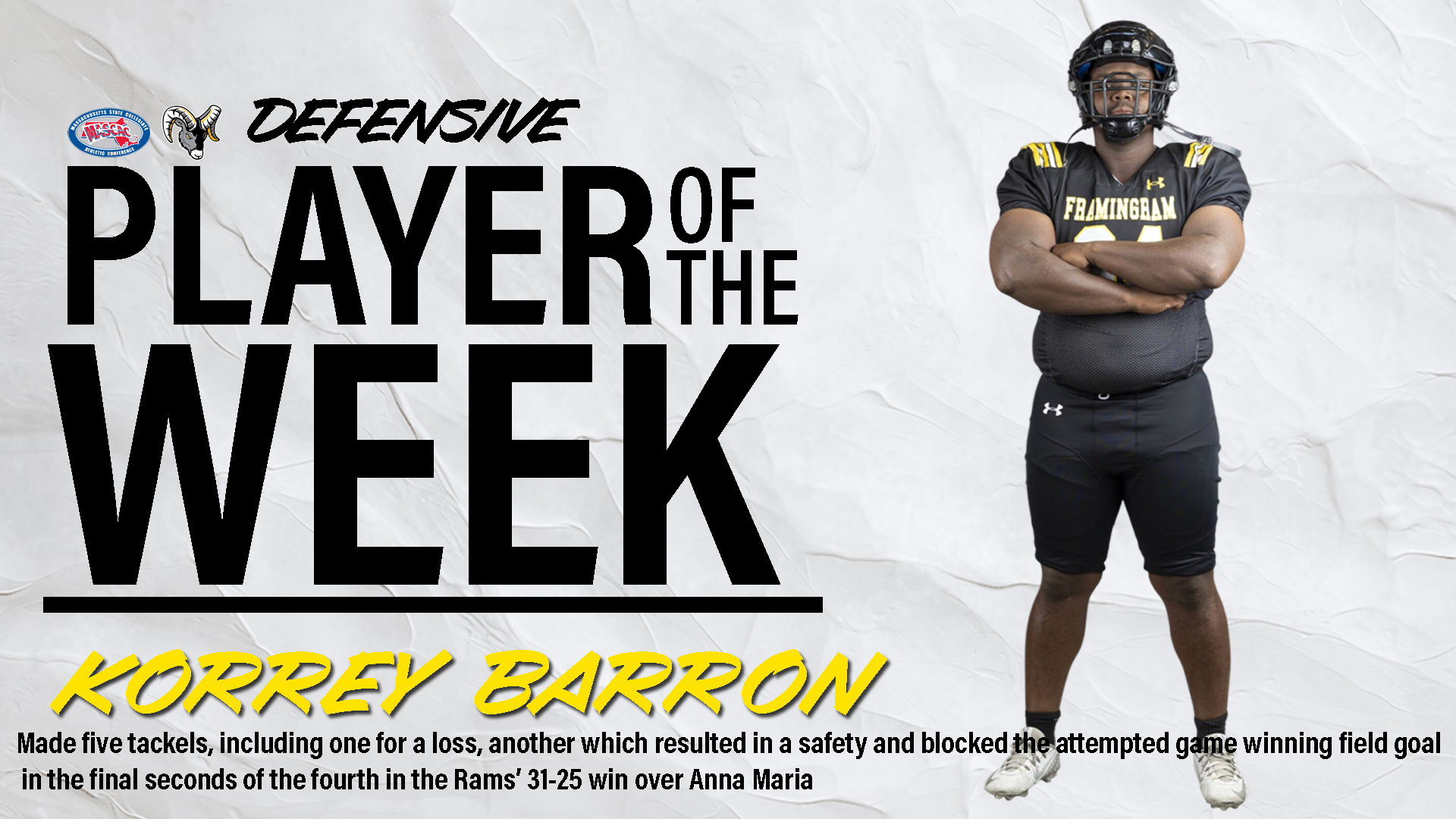 Barron and Williams Earn MASCAC Football Weekly Honors