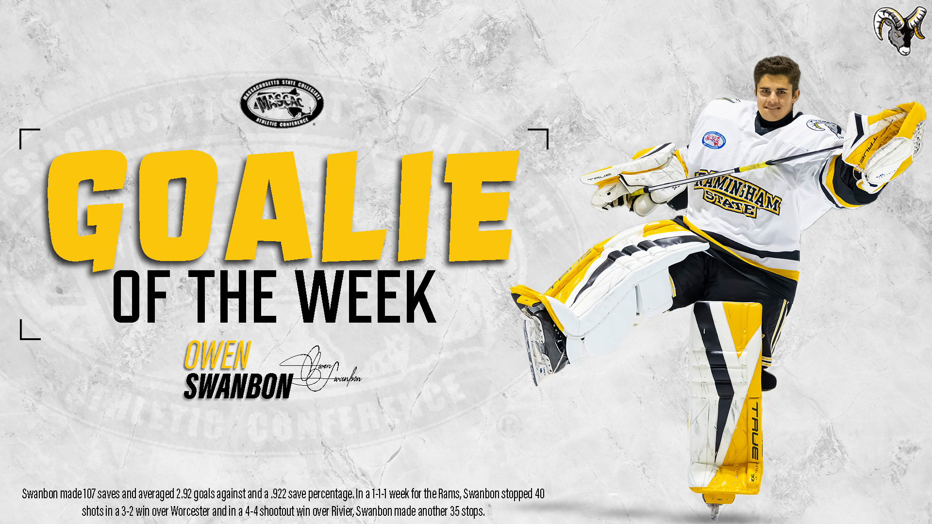 Swanbon Named MASCAC Men's Ice Hockey Goalie of the Week