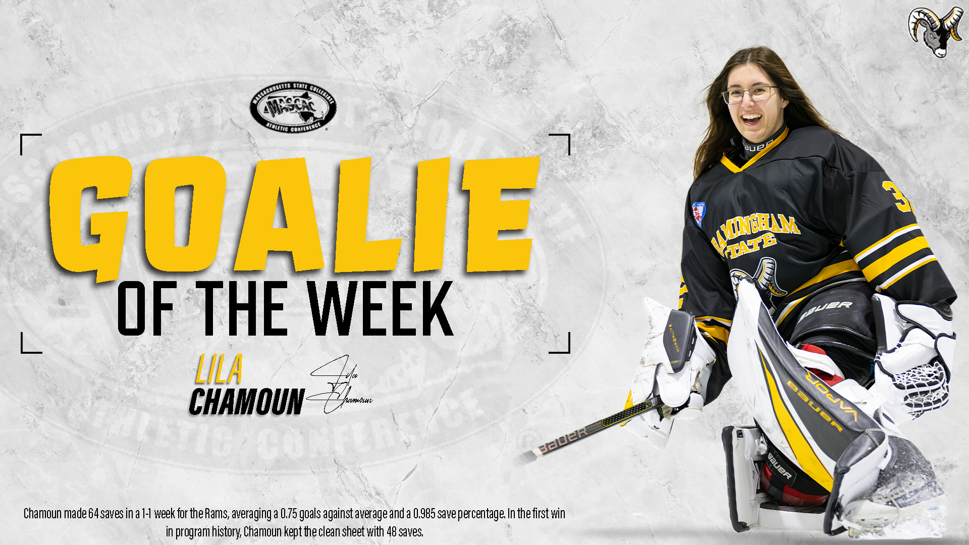 Chamoun Earns MASCAC Women's Ice Hockey Goalie of the Week